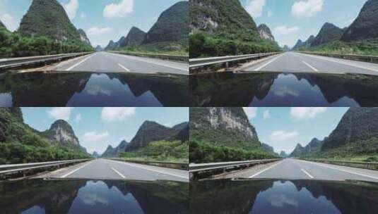 阳光下车窗视角拍摄桂林喀斯特地貌高速公路高清在线视频素材下载