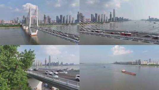 武汉长江二桥城市风光蓝天白云航拍高清在线视频素材下载