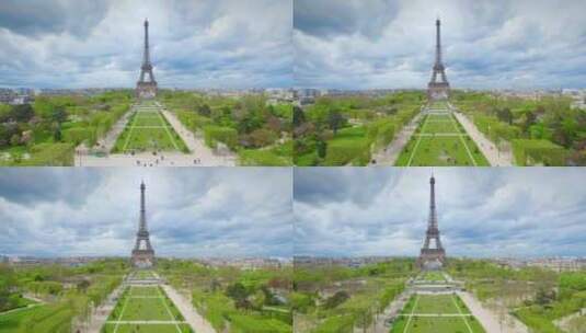 晴天下的巴黎埃菲尔铁塔，空中延时摄影高清在线视频素材下载