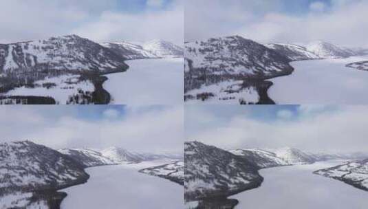 冬季喀纳斯河流晨雾雪山森林冰河观鱼台雪景高清在线视频素材下载