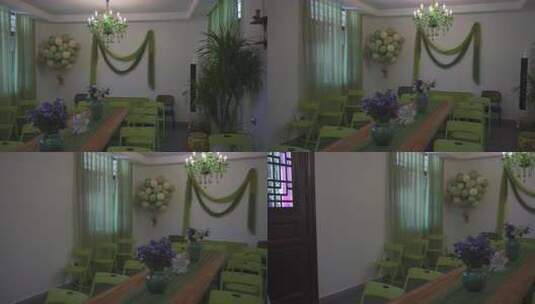 室内绿色主题布置的活动场地高清在线视频素材下载