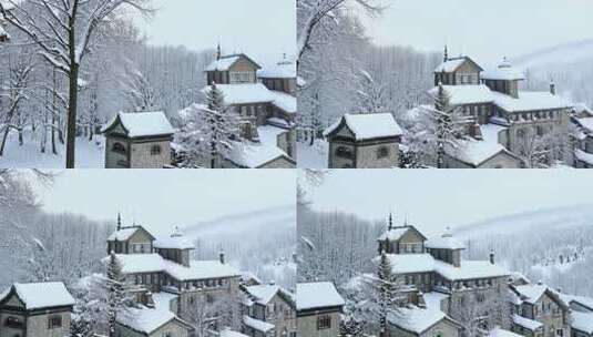 雪中的特色建筑与树木景致高清在线视频素材下载