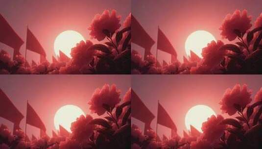 红色花海旗帜飘扬于日落时分高清在线视频素材下载