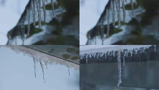 季节变化唯美冰雪融化屋檐水滴落下冰溜子高清在线视频素材下载