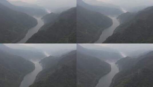 湖南郴州东江湖小东江清晨迷雾航拍高清在线视频素材下载