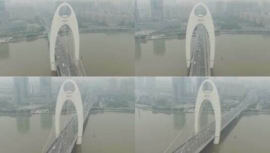 航拍晨雾中的广州猎德大桥高清在线视频素材下载