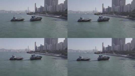 航拍香港辽阔海面货运轮船渔船高清在线视频素材下载