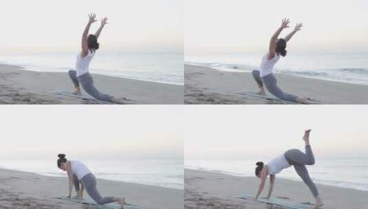 年轻女子在海边做瑜伽高清在线视频素材下载