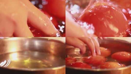 【镜头合集】水盆清水清洗浸泡西红柿高清在线视频素材下载