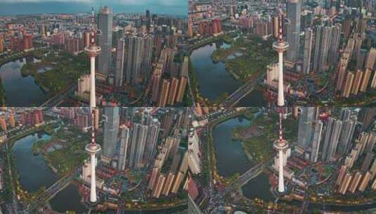 中国辽宁沈阳城市航拍彩电塔建筑天际线高清在线视频素材下载