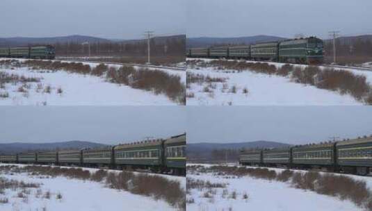 大兴安岭林区的绿皮旅客列车高清在线视频素材下载