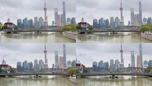 航拍上海城市外滩外白渡桥陆家嘴浦东高清在线视频素材下载