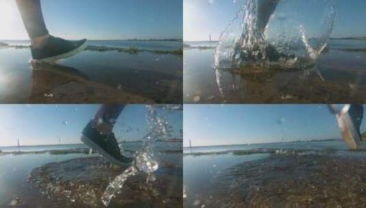 一脚踩到水上溅起水花慢动作升格拍摄高清在线视频素材下载