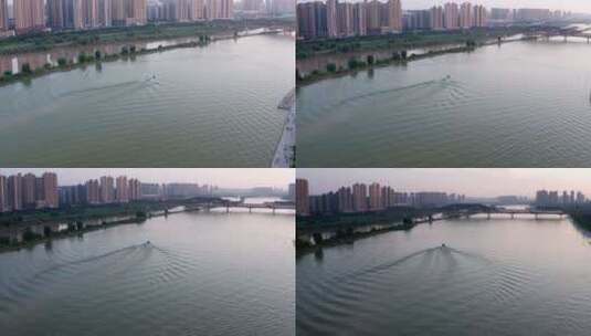 陕西省咸阳市咸阳湖古渡廊桥日落航拍高清在线视频素材下载