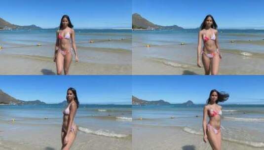 海岛沙滩比基尼美女模特秀高清在线视频素材下载