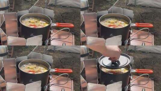 野外户外露营 野营 小锅烹制食物美食高清在线视频素材下载