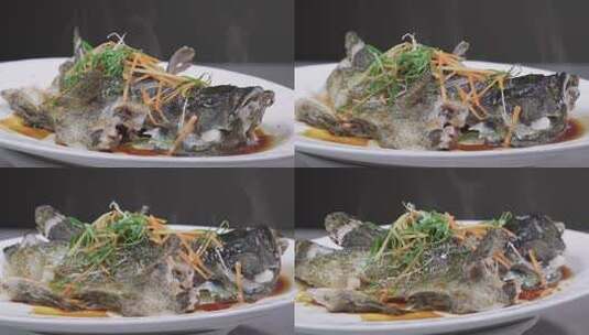 广东美食清蒸石斑鱼摆盘特写高清在线视频素材下载