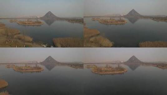 山东济南华山湖湿地秋冬航拍高清在线视频素材下载