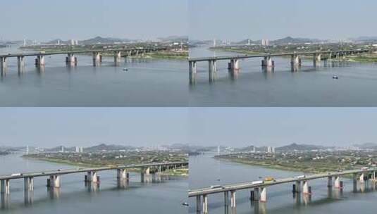 航拍湘潭大桥物流运输车辆高清在线视频素材下载