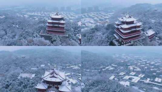 航拍杭州吴山城隍阁冬天雪景视频高清在线视频素材下载