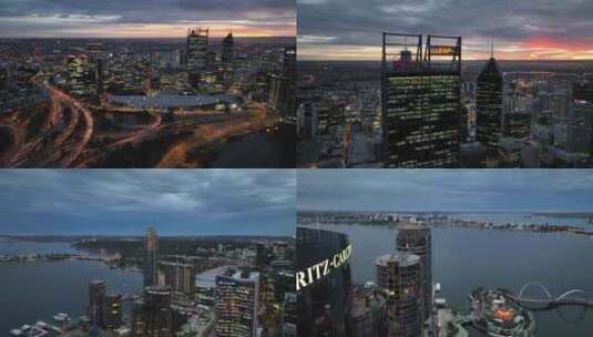 城市航拍澳大利亚帕斯日落摩天大楼夜景灯光高清在线视频素材下载