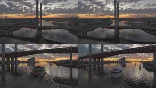 城市航拍墨尔本雅拉河大桥汽车游轮日落夜景高清在线视频素材下载