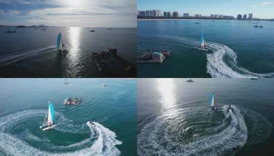 福建东山岛金銮湾海边帆船日出航拍高清在线视频素材下载