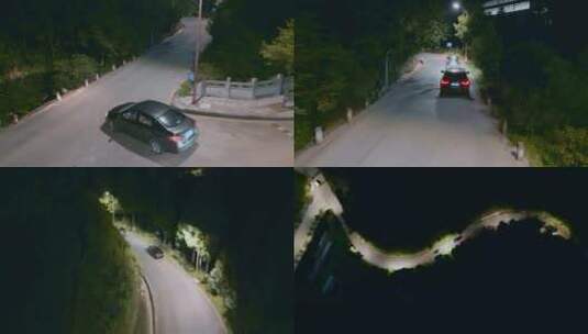 夜晚山区蜿蜒公路行驶车辆黑夜路灯高清在线视频素材下载