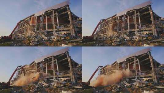 挖掘机拆除被毁的建筑高清在线视频素材下载