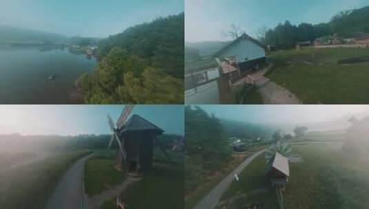 FPV无人机航拍森林小镇度假村房屋湖泊清晨高清在线视频素材下载