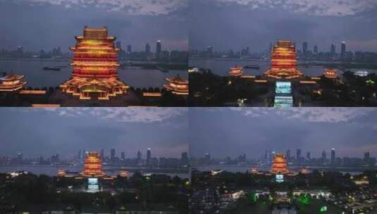 南昌滕王阁夜景航拍东湖区城市夜晚建筑风光高清在线视频素材下载