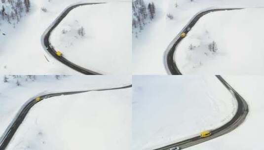 航拍汽车行驶在雪后的公路上高清在线视频素材下载