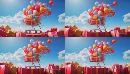 蓝天白云下的双十一电商购物节购物车、气球高清在线视频素材下载