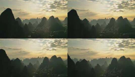 航拍桂林山风光日出与喀斯特山峰高清在线视频素材下载