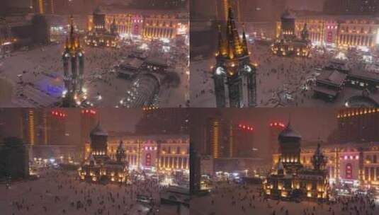 下雪的哈尔滨圣索菲亚教堂高清在线视频素材下载