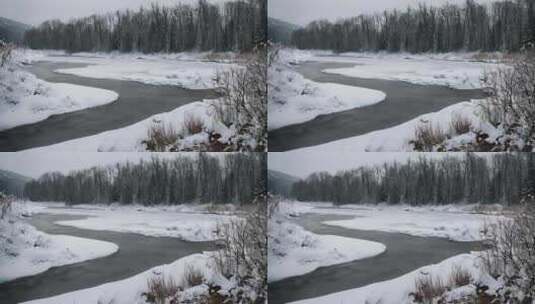 森林雪景下雪天冬季河流树林雾凇唯美下雪天高清在线视频素材下载