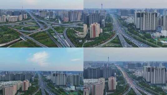 航拍郑州晚高峰立交桥车流高清在线视频素材下载