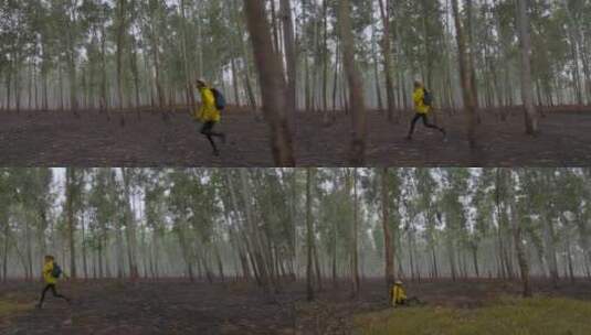 一个穿着黄色夹克的游客在森林里跑，摔倒在高清在线视频素材下载