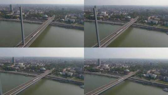 德国杜塞尔多夫莱茵河上的桥梁鸟瞰图，有轨高清在线视频素材下载