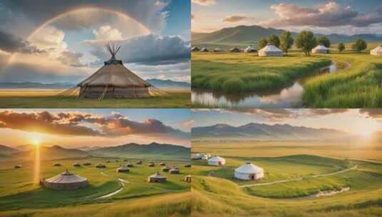 蒙古草原蒙古包帐篷游牧日出日落延时高清在线视频素材下载