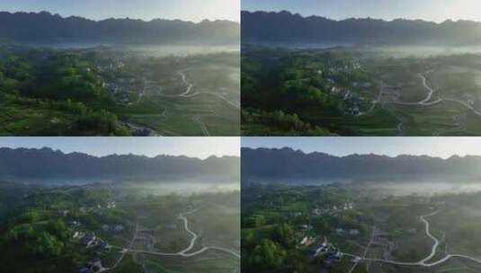 航拍山区云雾缭绕的生态有机茶园高清在线视频素材下载