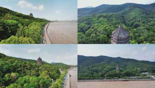 浙江杭州六合塔地标建筑航拍高清在线视频素材下载