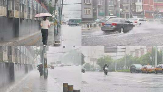 雨天街道汽车行驶溅起水花高清在线视频素材下载