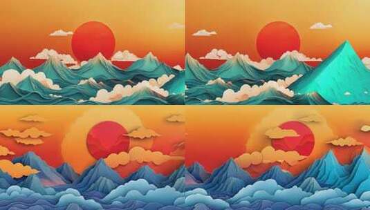 国风山水红日戏曲舞台背景高清在线视频素材下载