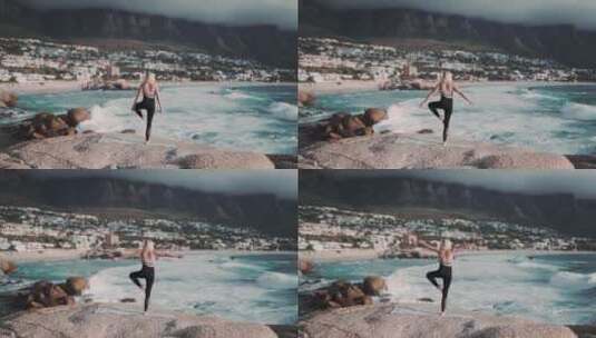 女人在海边做瑜伽高清在线视频素材下载