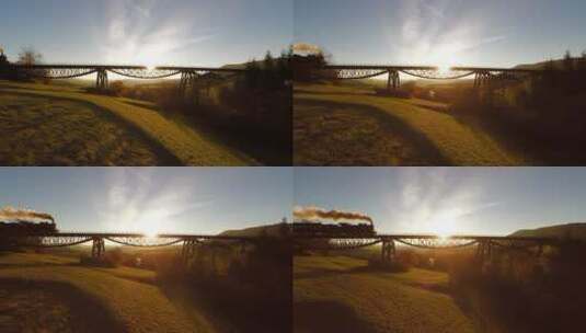 日落时分蒸汽火车经过平原高清在线视频素材下载