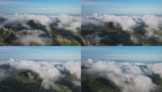航拍威海里口山山顶的平流雾和白云朵高清在线视频素材下载