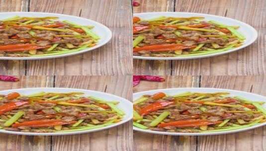 家常菜品芹菜炒牛肉4k实拍平移镜头高清在线视频素材下载