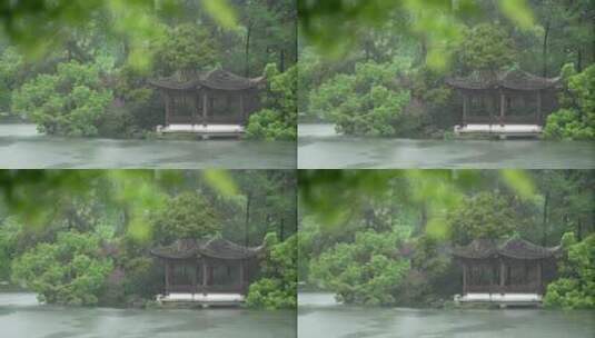 168 杭州 风景 古建筑 下雨天 树叶 亭子高清在线视频素材下载