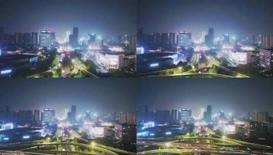 航拍夜晚杭州滨江时代大道中兴立交夜景高清在线视频素材下载
